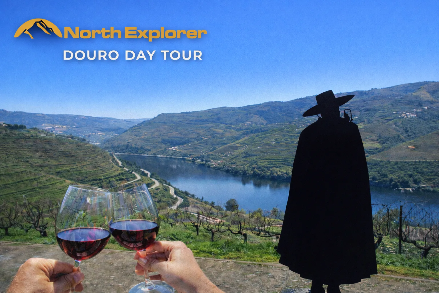 Glasses of red wine raised over the Douro Valley vineyards and river