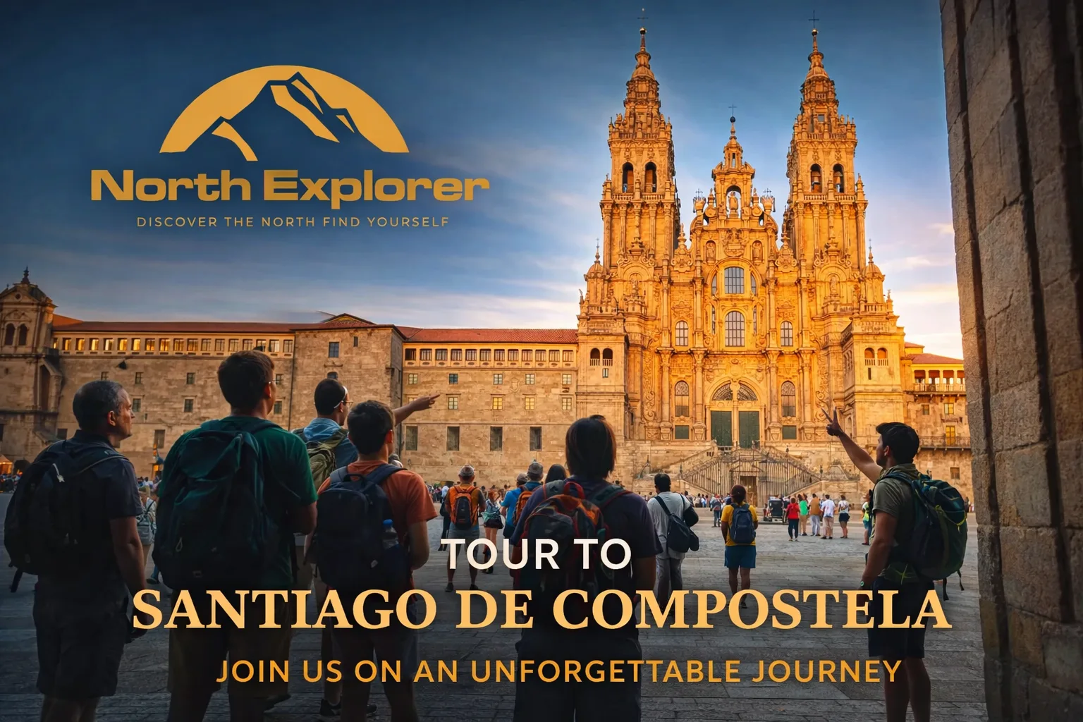 Travellers in front of Santiago de Compostela Cathedral at sunset